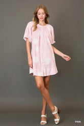 Umgee Stripe and Dot Print Button Down Puff Sleeve Mini Dress OutfitFlow